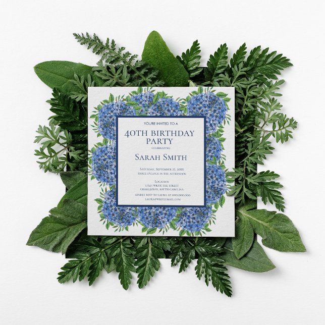Invitation 40e anniversaire Blue Hydrangeas Watercolor Party  (Créateur téléchargé)