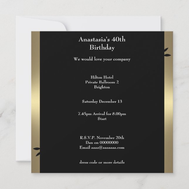 Invitation 40e anniversaire café de bronze noir floral spiral (Devant)