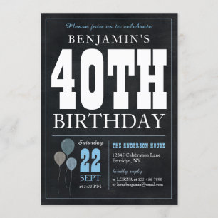 Invitation 40e anniversaire Chalkboard Blue Balloon Rustic Ch