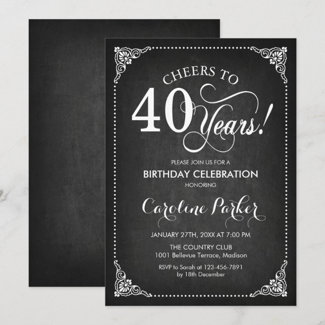 Invitation 40e anniversaire - Chalkboard White (Devant / Derrière)