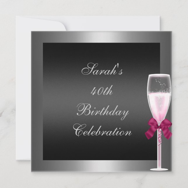 Invitation 40e Anniversaire Champagne Rose Argent Noir (Devant)