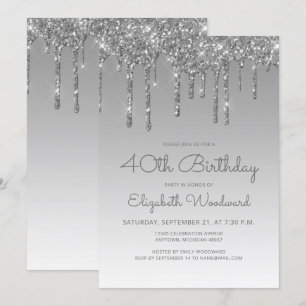 Invitation 40e anniversaire chic paillettes gouttes d'argent