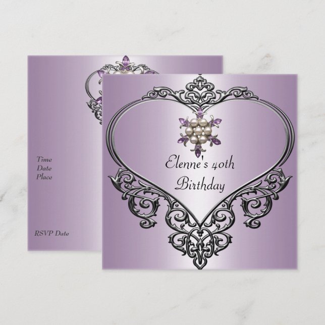 Invitation 40e Anniversaire Coeur doux Mauve Purple Pearl bij (Devant / Derrière)