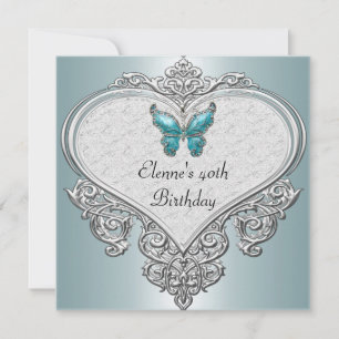 Invitation 40e Anniversaire Coeur doux Turquoise Bleu Papillo