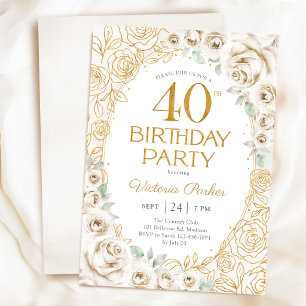 Invitation 40e Anniversaire Crème Or Floral Féminin