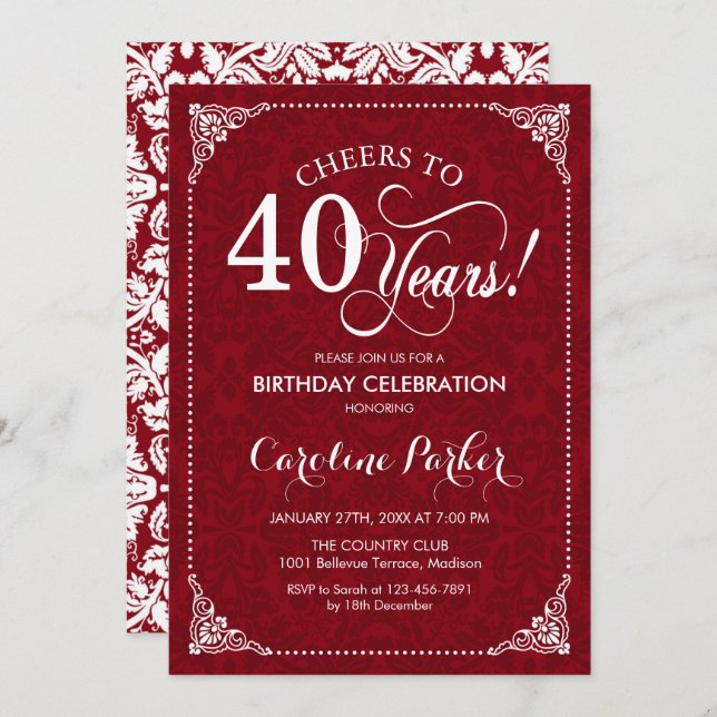Invitation 40e anniversaire - Damas blanc rouge (Devant / Derrière)