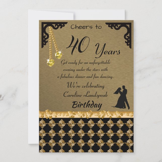 Invitation 40e Anniversaire Dance Party Jaune Coeur Gems Dama (Devant)