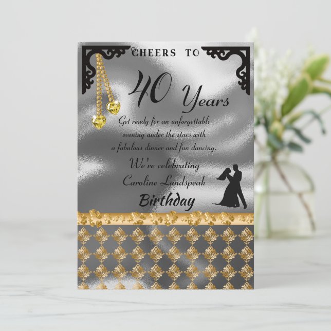 Invitation 40e Anniversaire Dance Party Silver Foil, oreille  (Debout devant)