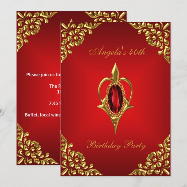 Invitation 40e Anniversaire de la fête Royal Gold Deep Red Je (Devant / Derrière)