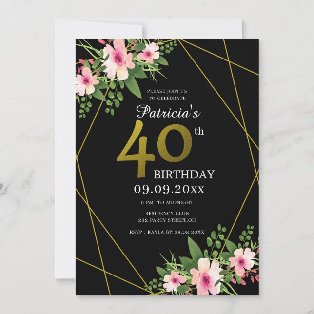 Invitation 40e anniversaire de la florale moderne Black and G (Devant)