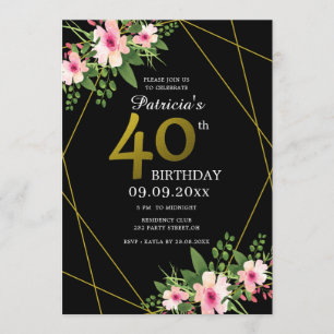 Invitation 40e anniversaire de la florale moderne Black and G