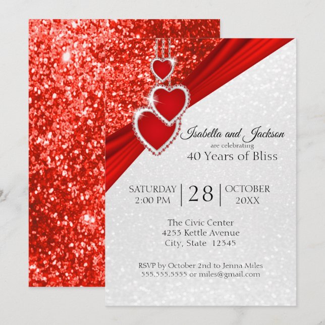 Invitation 40e anniversaire de la Parties scintillant rouge v (Devant / Derrière)