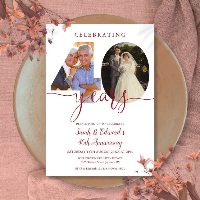 Invitation 40e anniversaire de mariage 2 Photo Ruby (40th Wedding Anniversary 2 Photo Ruby Invitation)