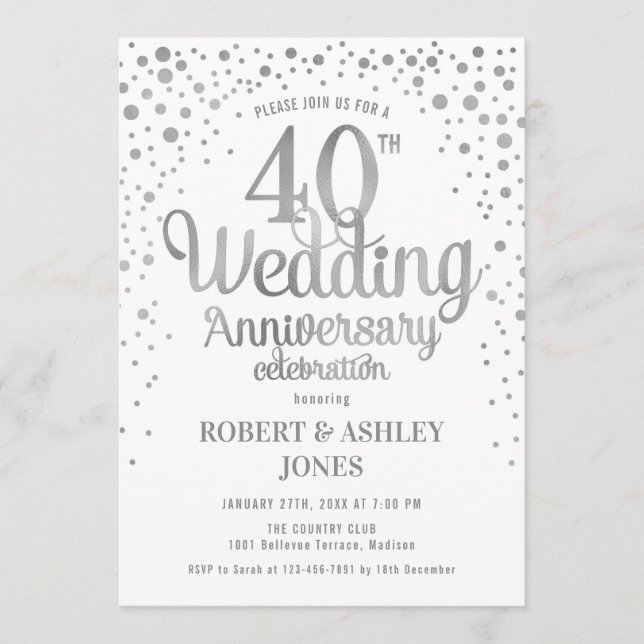 Invitation 40e anniversaire de mariage - Argent et blanc (Devant)