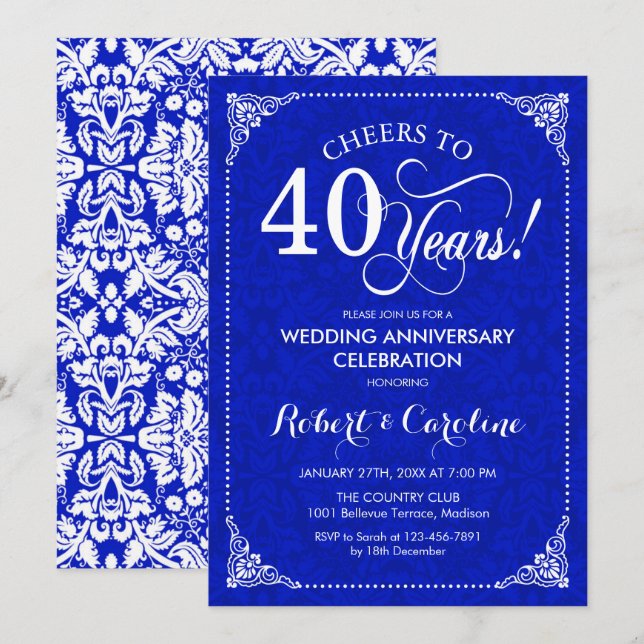 Invitation 40e anniversaire de mariage - Bleu de saphir blanc (Devant / Derrière)