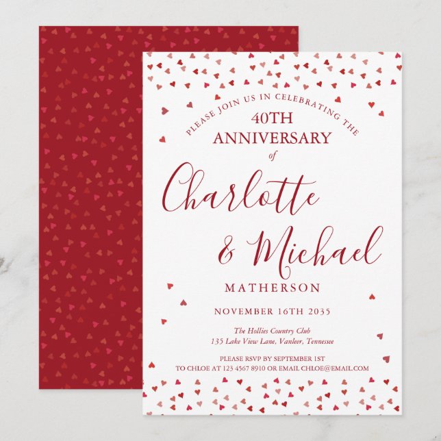 Invitation 40e Anniversaire de Mariage Cœurs de Rubis Écritur (Devant / Derrière)