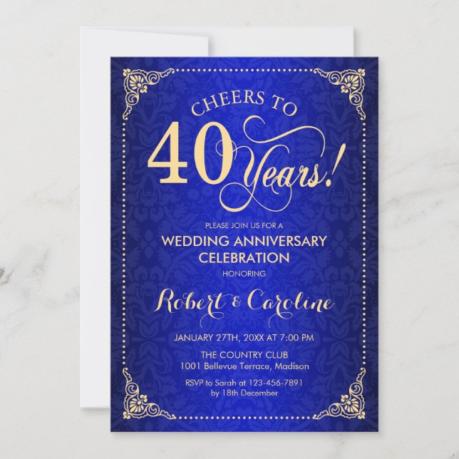 Invitation 40e anniversaire de mariage - Damask or bleu or (Devant)
