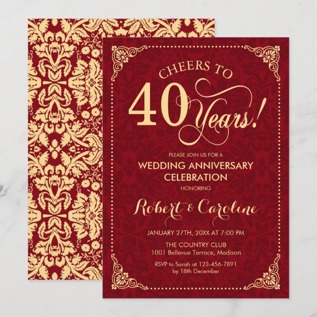 Invitation 40e anniversaire de mariage - Damask or rubis roug (Devant / Derrière)