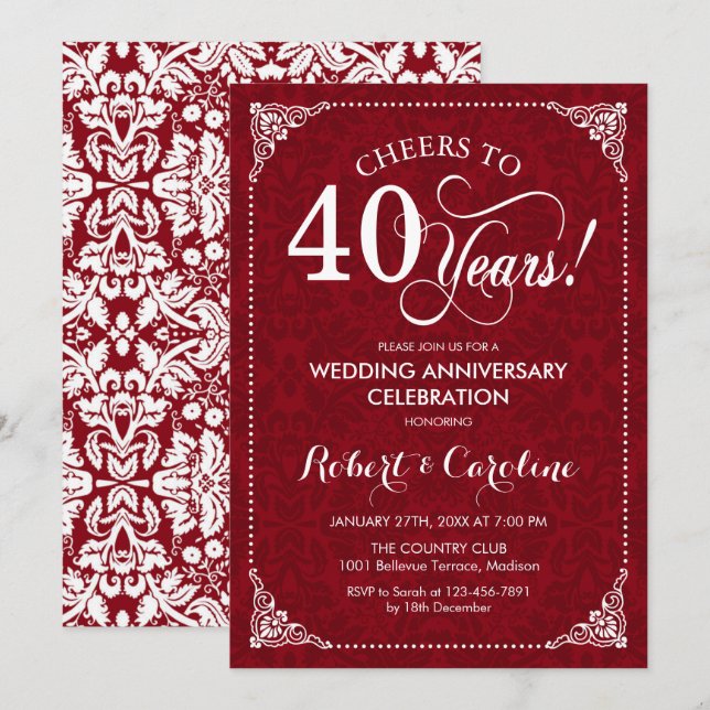 Invitation 40e anniversaire de mariage - Damask rouge blanc r (Devant / Derrière)