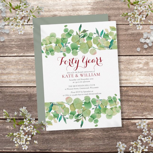 Invitation 40e anniversaire de mariage de rubis Chic verdure  (40th Ruby Wedding Anniversary Chic Greenery Invitation)