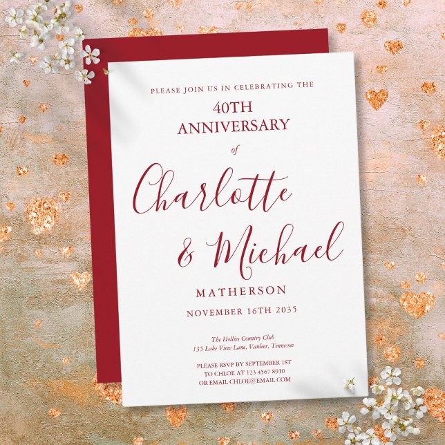 Invitation 40e anniversaire de mariage élégant script rubis (40th Wedding Anniversary Ruby Elegant Script Invitation)