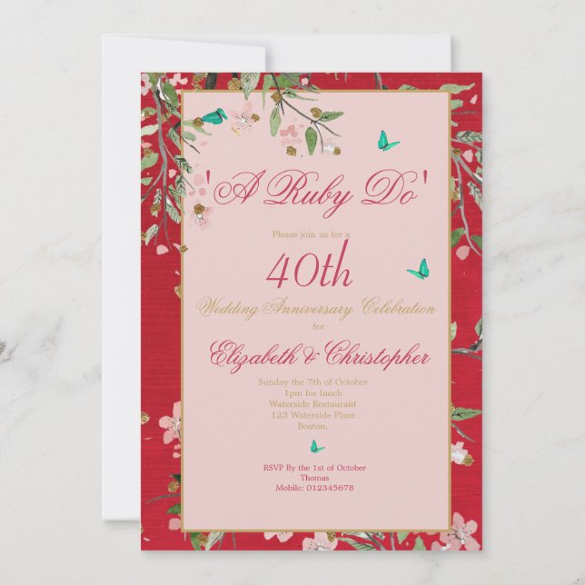 Invitation 40e Anniversaire de Mariage Fleurs Rouge A Ruby Do (Dos)