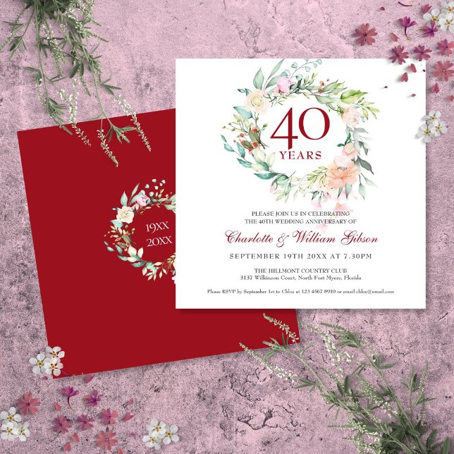 Invitation 40e Anniversaire de Mariage Roses Rubis Floral (40th Wedding Anniversary Ruby Roses Floral Invitation)