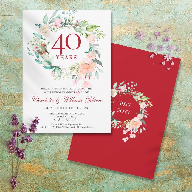 Invitation 40e anniversaire de mariage Rubis Aquarelle Floral (Créateur téléchargé)