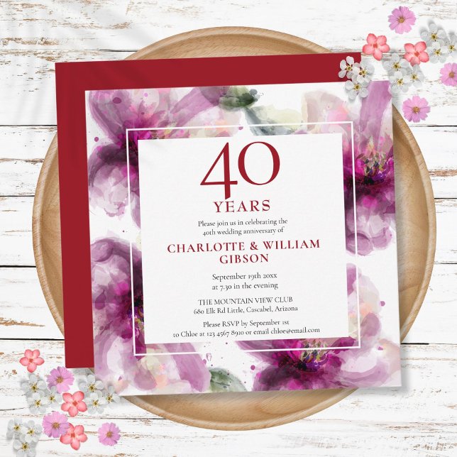 Invitation 40e anniversaire de mariage rubis aquarelle floral (40th Ruby Wedding Anniversary Watercolor Floral Invitation)