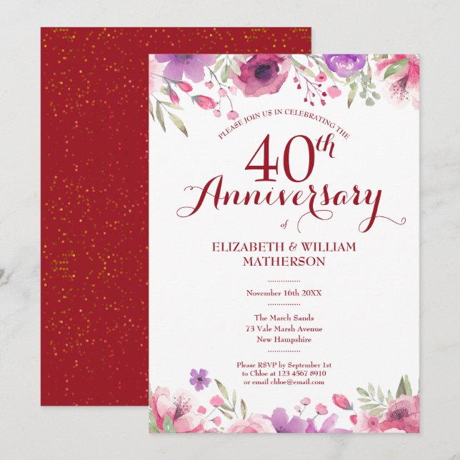 Invitation 40e anniversaire de mariage rubis aquarelle floral (Devant / Derrière)