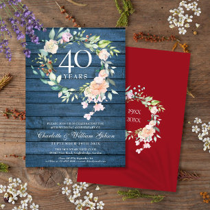 Invitation 40e anniversaire de mariage Rubis Bleu Floral Rust