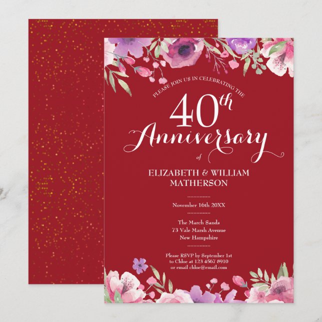 Invitation 40e anniversaire de mariage rubis chic floral camp (Devant / Derrière)