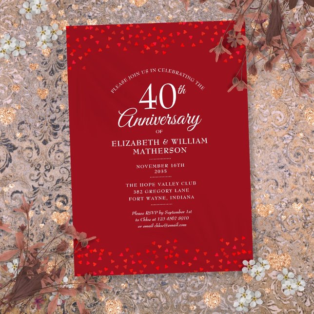 Invitation 40e Anniversaire de Mariage Rubis Cœurs Confettis  (40th Wedding Anniversary Ruby Love Hearts Confetti Invitation)