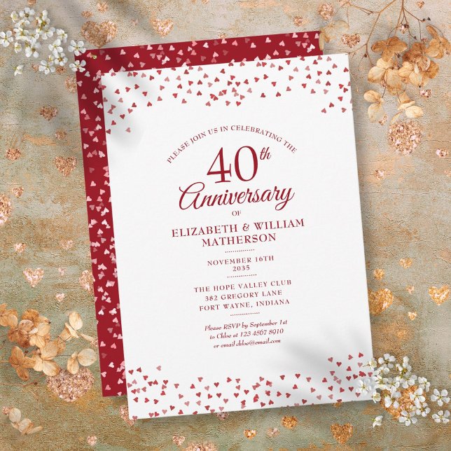 Invitation 40e anniversaire de mariage Rubis Confettis de coe (40th Wedding Anniversary Ruby Hearts Confetti Invitation)