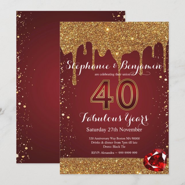 Invitation 40e Anniversaire de Mariage Rubis Paillettes Coula (Devant / Derrière)