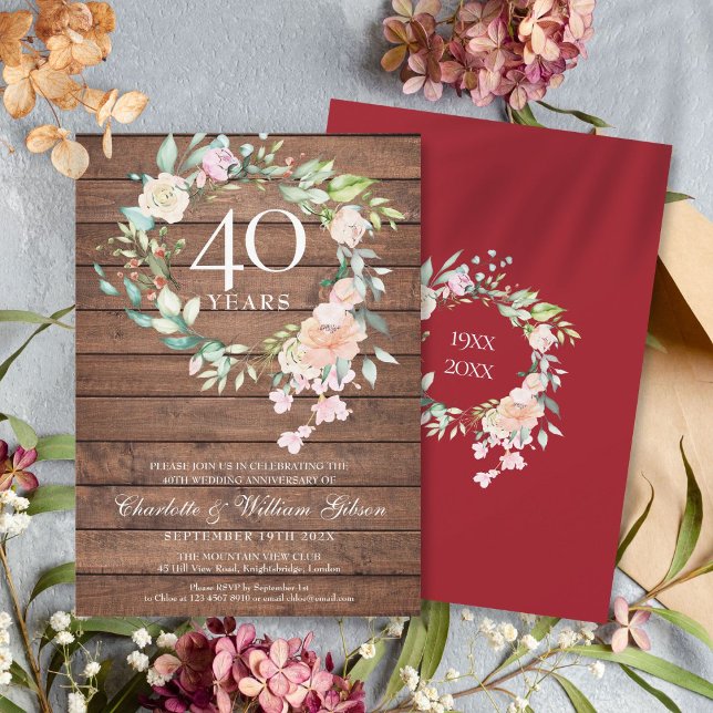 Invitation 40e anniversaire de mariage Rustique Bois Floral (40th Ruby Wedding Anniversary Rustic Wood Floral Invitation)