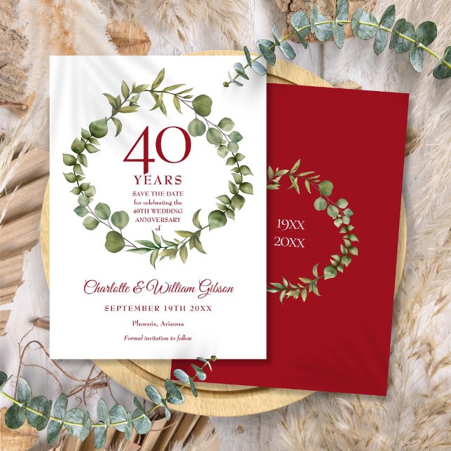 Invitation 40e anniversaire de Ruby Sauvez la date de la verd (40th Ruby Anniversary Save the Date Greenery Invitation)