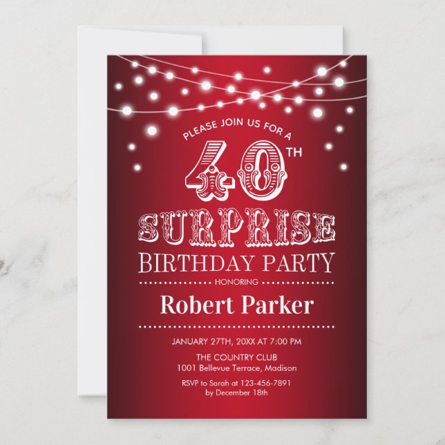 Invitation 40e anniversaire de surprise - Noir Rouge Blanc (Devant)