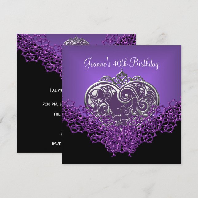 Invitation 40e Anniversaire Dentelle Noir Argent Violet Foncé (Devant / Derrière)