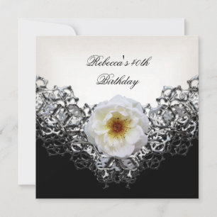 Invitation 40e Anniversaire dentelle noir blanc Fleur Argent