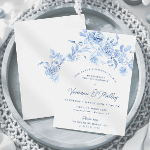 Invitation 40e anniversaire Dîner fête Dusty Blue Rose Floral
