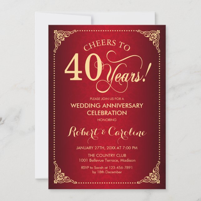 Invitation 40e anniversaire du Mariage - Damas d'or rouge (Devant)