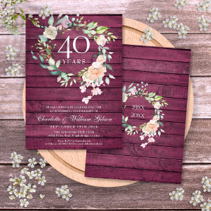 Invitation 40e anniversaire du Mariage de fleurs de bois roug