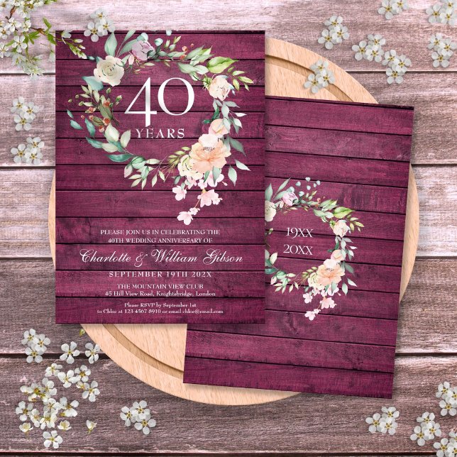 Invitation 40e anniversaire du Mariage de fleurs de bois roug (40th Ruby Red Wood Floral Wedding Anniversary Invitation)
