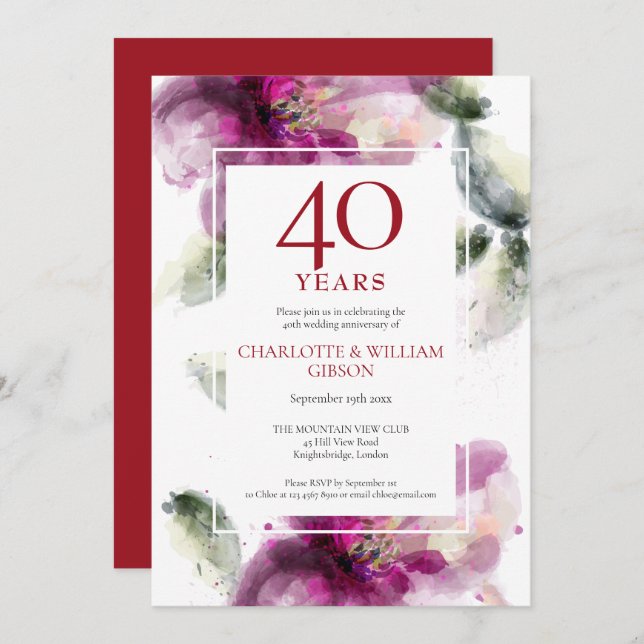 Invitation 40e anniversaire du Mariage de Ruby Lys Chic Flora (Devant / Derrière)