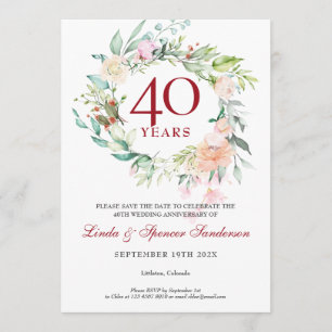 Invitation 40e anniversaire du Mariage Sauvez la date Florale