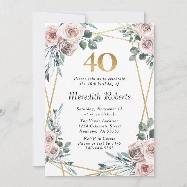 Invitation 40e anniversaire Dusty Rose Floral Eucalyptus Part (Devant)