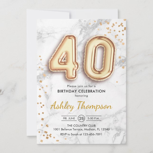 Invitation 40e anniversaire - Effet de marbre des ballons d'o (Devant)