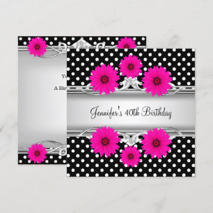 Invitation 40e Anniversaire Élégant Noir Blanc à pois Rose fl
