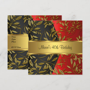 Invitation 40e anniversaire Elégant Rouge Or Floral Noir